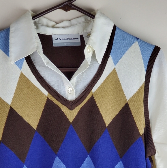 Alfred Dunner Sweater Shirt Argyle Blue Brown Peti - Picture 4 of 5
